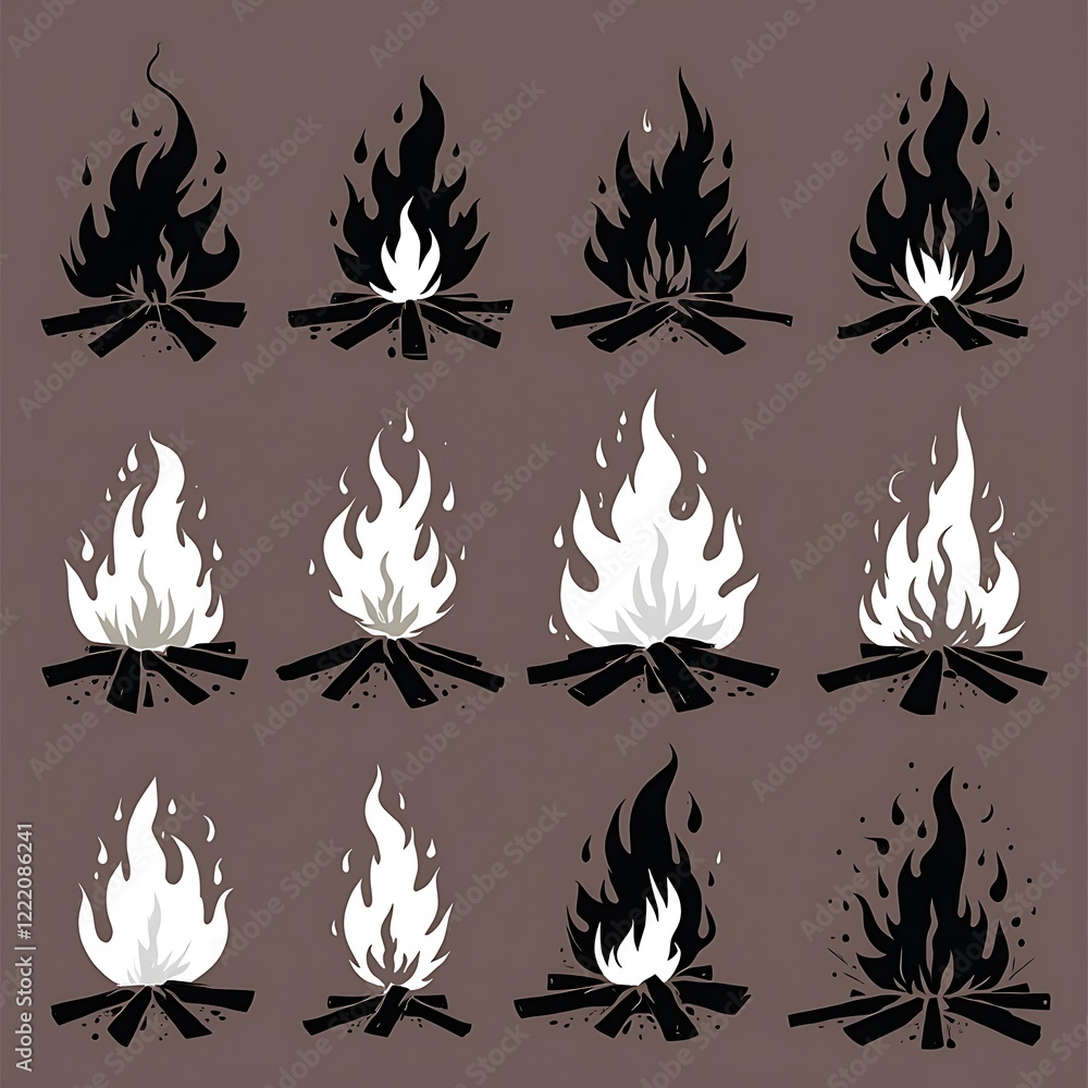Collection of black flame graphics with distinct fire icon designs, suitable for branding, digital art, safety warnings, signage, and creative design elements with a modern aesthetic Collection of black flame graphics with distinct fire icon designs, suitable for branding, digital art, safety warnings, signage, and creative design elements with a modern aesthetic