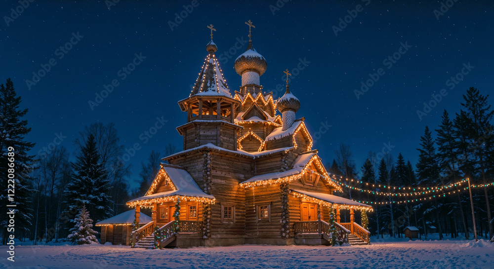 Naklejka premium traditional russian northern wooden church with many domes in winter christmas forest. Generative AI