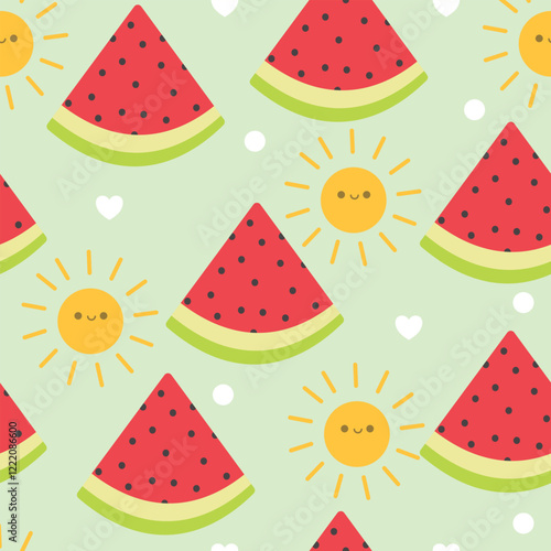 Hand drawn cute watermelon with sun seamless pattern. Suitable for use for wallpaper, backdrop, wrapping paper, fabrics, textile, packaging, etc