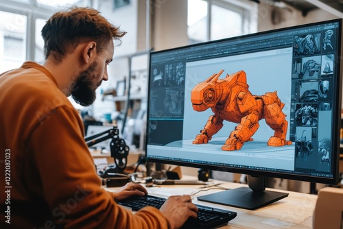 Focused man 3D modeling orange robot. Illustrates digital art, game design, or VFX work.