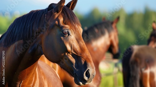 Chestnut horse portrait, pasture, summer, herd, sunlight, calm, rural, equine, nature, farm photo