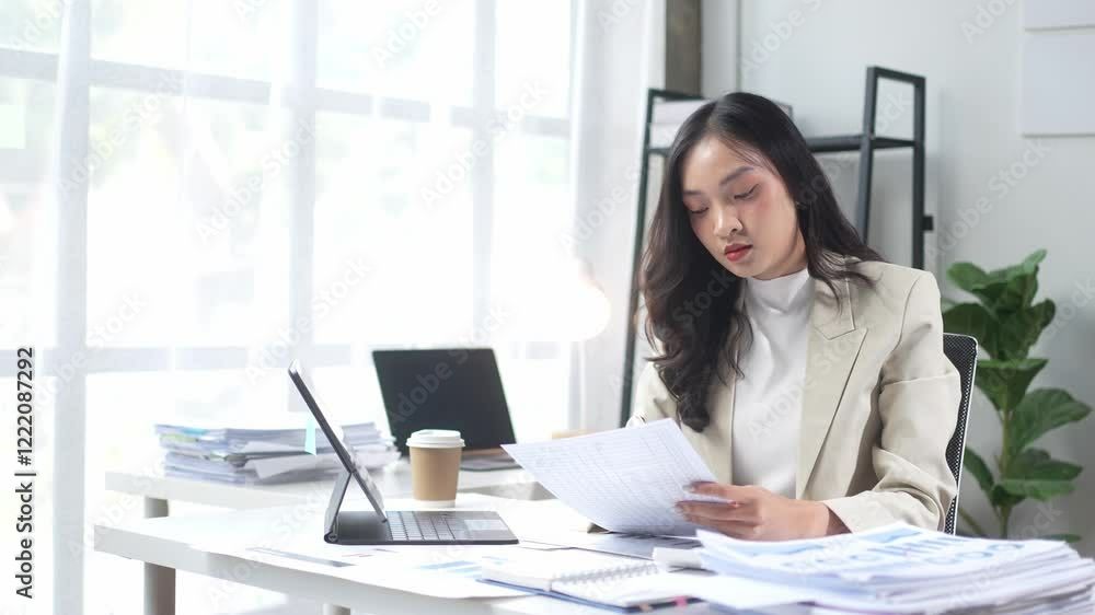A woman is sitting at a desk with a stack of papers in front of her. She is looking at a piece of paper and she is reading it A woman is sitting at a desk with a stack of papers in front of her. She is looking at a piece of paper and she is reading it