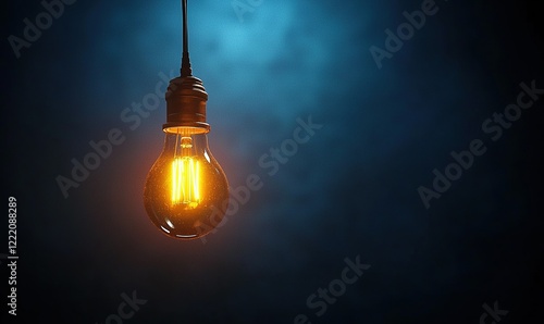 Glowing lightbulb hanging in dark smoky room, creating warm ambiance. Ideal for energy, innovation concepts