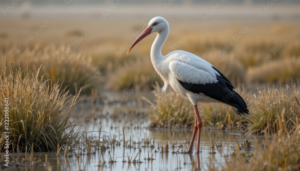 Obraz premium Elegant White Stork Stands in a Wetland at Dawn