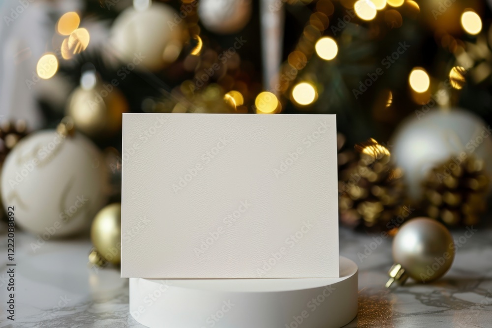 Blank Card on White Stand with Christmas Decorations in Background Blank Card on White Stand with Christmas Decorations in Background