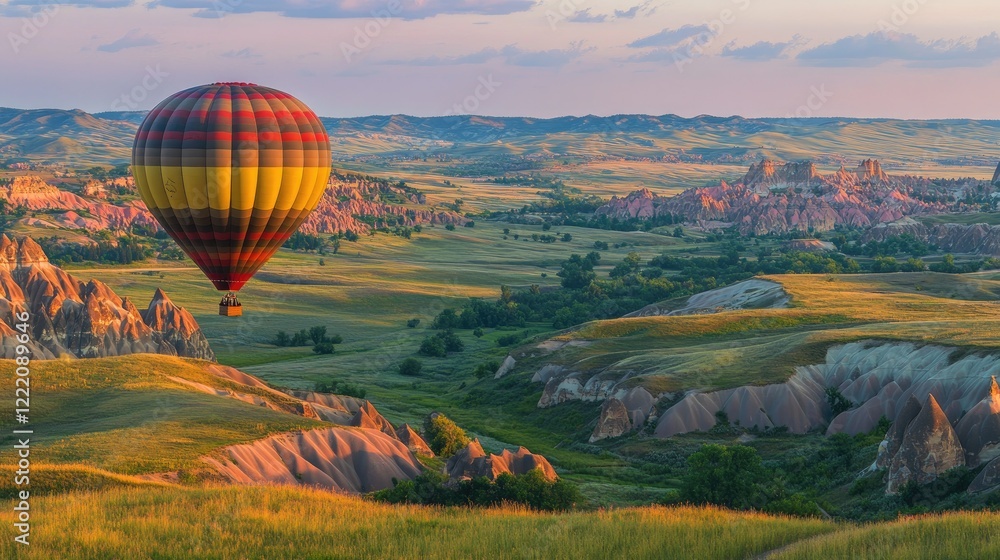 Obraz premium A hot air balloon flying high at the Chambley Balloon Festival, with the colorful landscape below and a festival atmosphere in the air