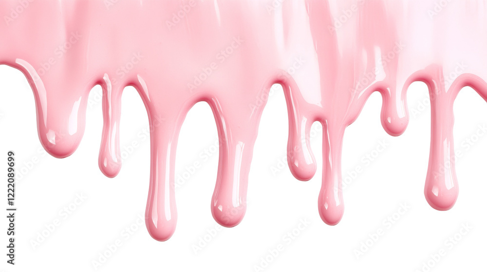 The image shows pink liquid dripping downwards against a black background showcasing its glossy texture and flow. The image shows pink liquid dripping downwards against a black background showcasing its glossy texture and flow.