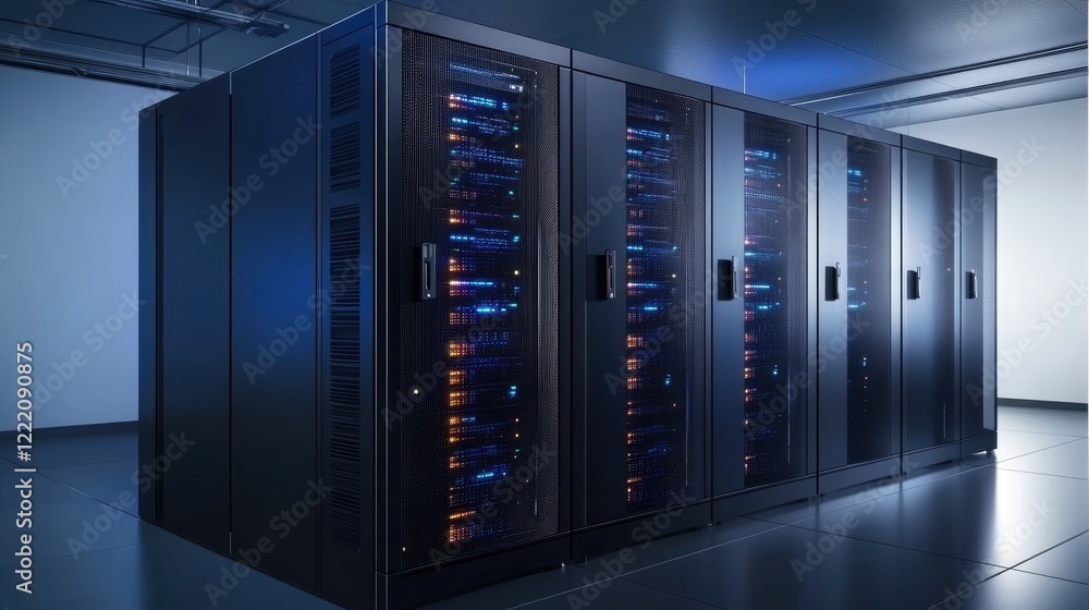 A modern data center with glowing server racks showcasing active cybersecurity operations. The right side is blank, perfect for adding text or graphics for a clean design A modern data center with glowing server racks showcasing active cybersecurity operations. The right side is blank, perfect for adding text or graphics for a clean design