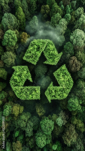 Green recycling symbol made of foliage above dense forest with fog, eco-friendly conservation theme in natural outdoor setting photo