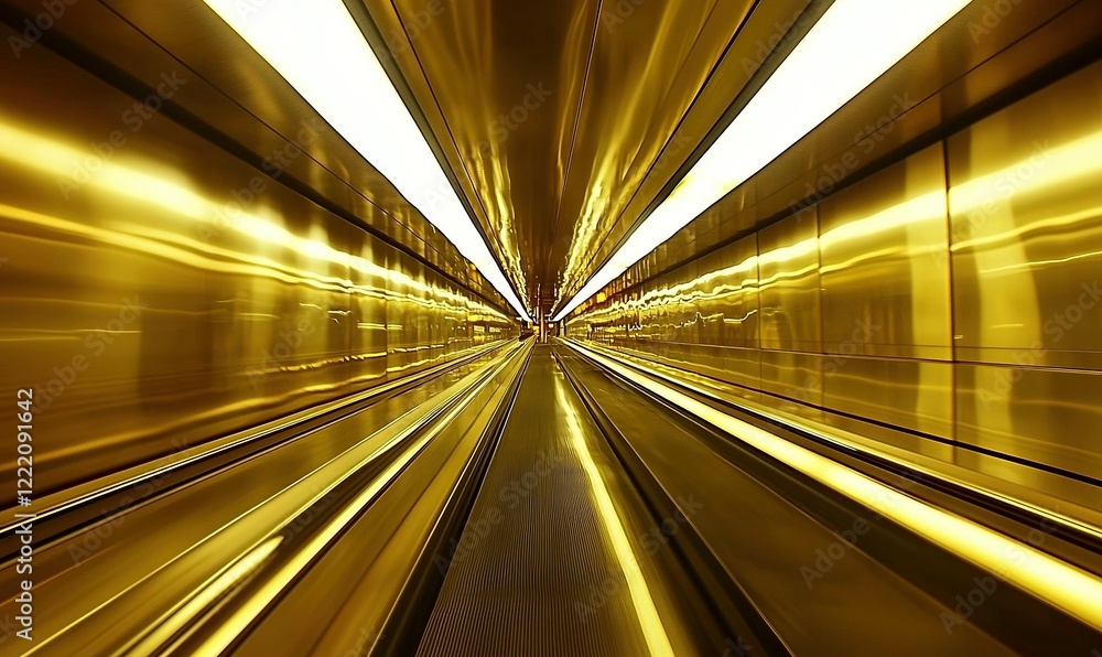 Golden airport moving walkway tunnel with bright lights, for travel and architecture themes Golden airport moving walkway tunnel with bright lights, for travel and architecture themes