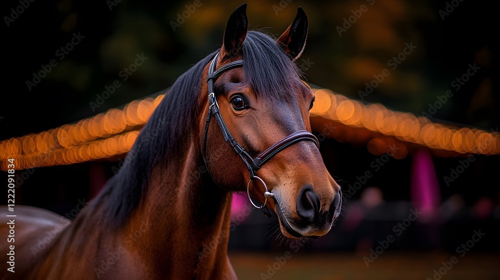 Obraz premium Majestic horse with a flowing black mane standing gracefully in a serene natural setting under clear blue skies