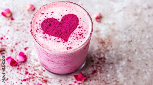 A pink beetroot drink with heart-shaped latte art, almond milk froth, and rose dust, styled against a soft, neutral-textured background for a creative coffee or beverage scene photo