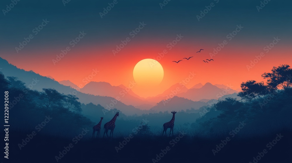 Fototapeta premium Serene Silhouette: Giraffes at Sunset Amidst Hazy Mountains in a Tranquil African Landscape