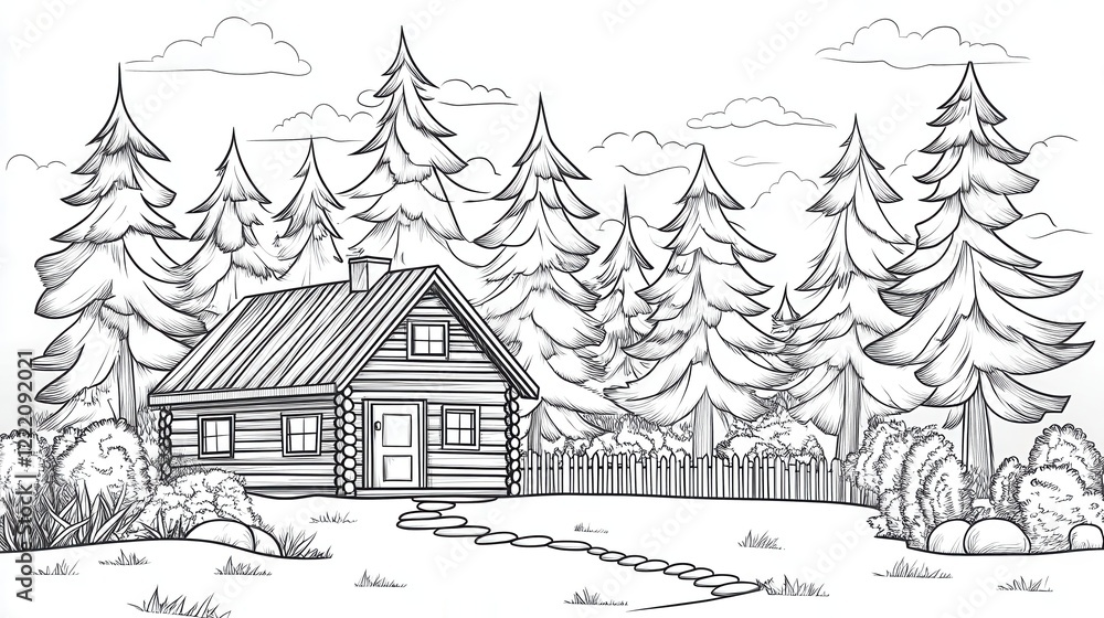 Naklejka premium Cozy log cabin in a serene forest with tall pine trees