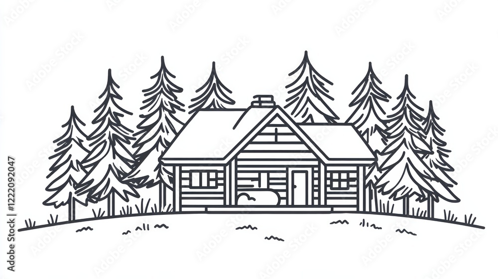 Cozy Log Cabin Surrounded by Tall Pine Trees in Mountain Landscape Cozy Log Cabin Surrounded by Tall Pine Trees in Mountain Landscape