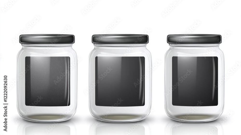 Three empty glass jars, blank labels, white background, packaging mockup Three empty glass jars, blank labels, white background, packaging mockup