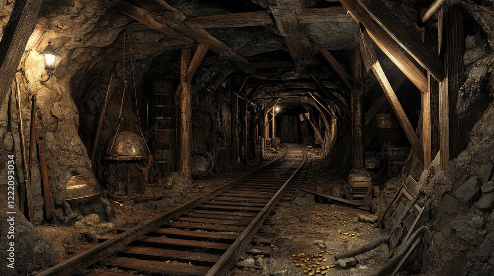 Naklejka premium A rustic, underground gold mine tunnel with old tracks, wooden beams, and tools, evoking the past mining industry and the hunt for gold deep below the surface