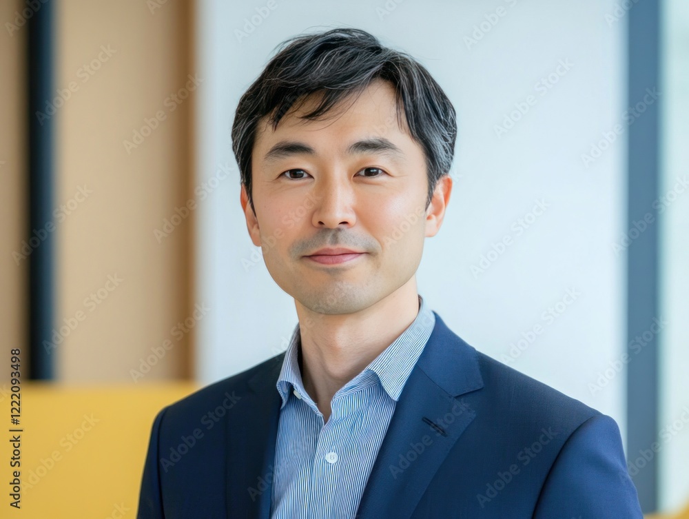 Headshot of a smiling Asian man in a suit. Headshot of a smiling Asian man in a suit.