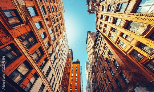 Low angle view of colorful historic buildings in city under sunny sky, ideal for urban themes