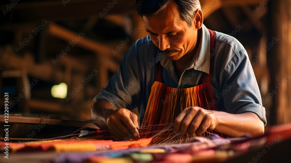 Skilled artisan weaver creating a beautifully detailed and colorful tapestry in a cozy rustic workshop setting Skilled artisan weaver creating a beautifully detailed and colorful tapestry in a cozy rustic workshop setting