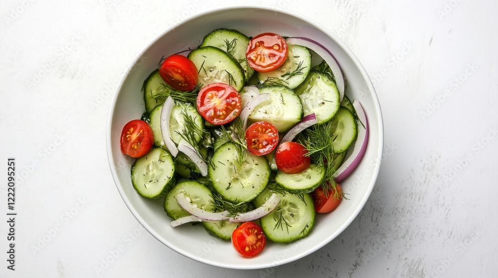 A bowl of fresh cucumber salad with cherry tomatoes, red onion, and a lemon-dill dressing A bowl of fresh cucumber salad with cherry tomatoes, red onion, and a lemon-dill dressing
