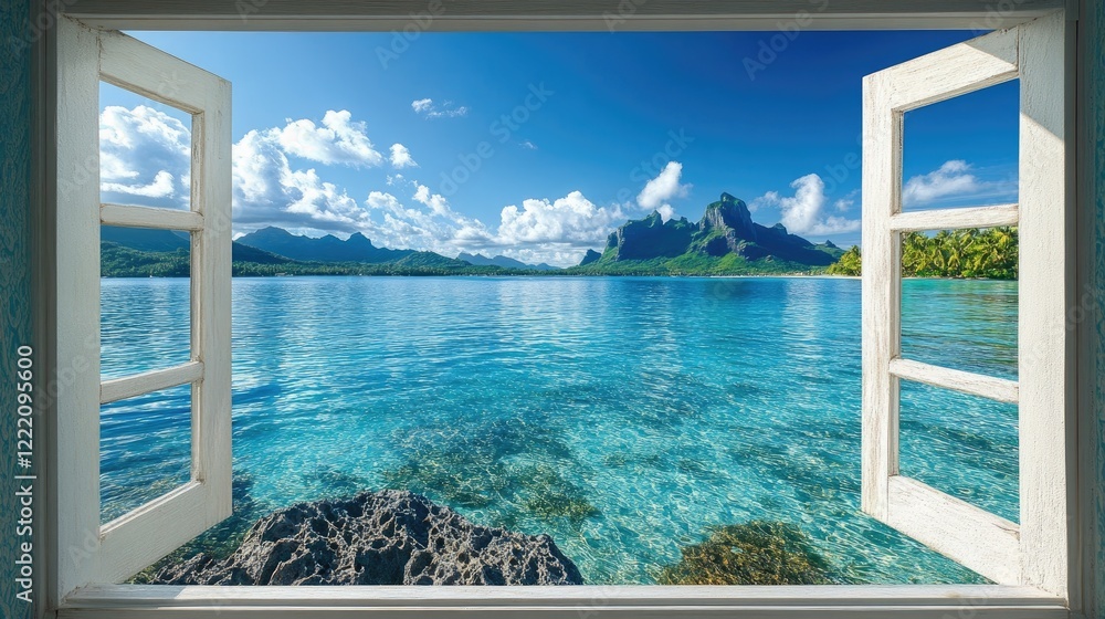 Fototapeta premium A stunning view of Bora Bora crystal-clear waters seen through a window frame, showcasing the tropical beauty of the island