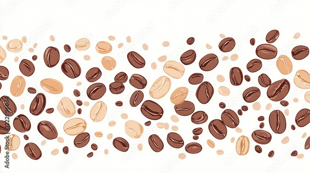 Obraz premium Roasted and raw coffee beans scatter on white surface for food beverage use