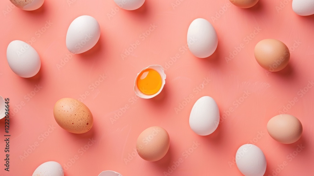 Broken egg yolk among whole eggs on pink background, food photography Broken egg yolk among whole eggs on pink background, food photography