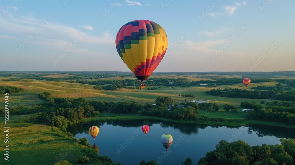 Fototapeta premium A vibrant hot air balloon flying high during the Chambley Balloon Festival, offering an aerial view of the colorful balloons in the sky