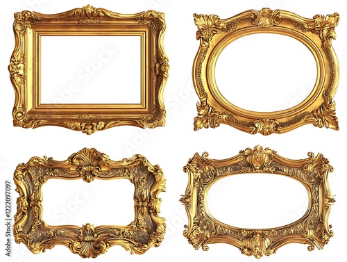Baroque Style Set of Three Gold Frames with Elaborate Floral Carvings on Black Background, Ornate Rectangular Vintage Frames for Classic Art Display