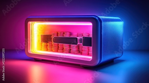 Illuminated safe with coins and brush inside.