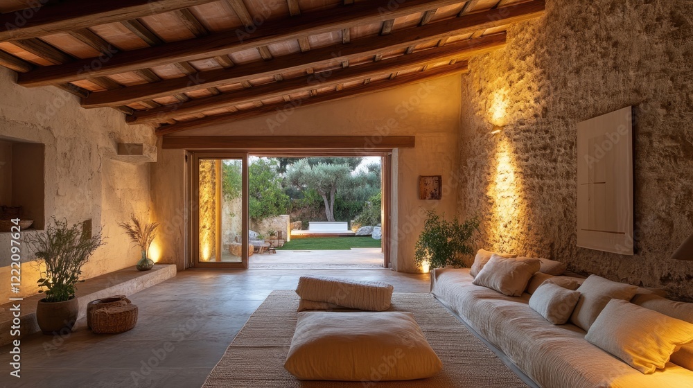 A warm and inviting rustic living room with a wooden beam ceiling, comfortable seating, and soft lighting, designed in a minimalist style for cozy appeal A warm and inviting rustic living room with a wooden beam ceiling, comfortable seating, and soft lighting, designed in a minimalist style for cozy appeal