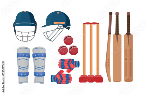 Cricket Bat Ball Pads All Instruments Vector Illustration Clip Art Bundle, Hand Drawn Cricket Gloves, Helmet With Stump Illustration Set