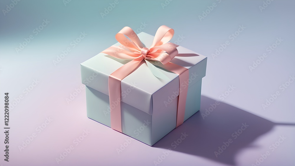 Obraz premium Pastel-colored gift box with a delicate pink ribbon, casting a soft shadow on a gradient background.
