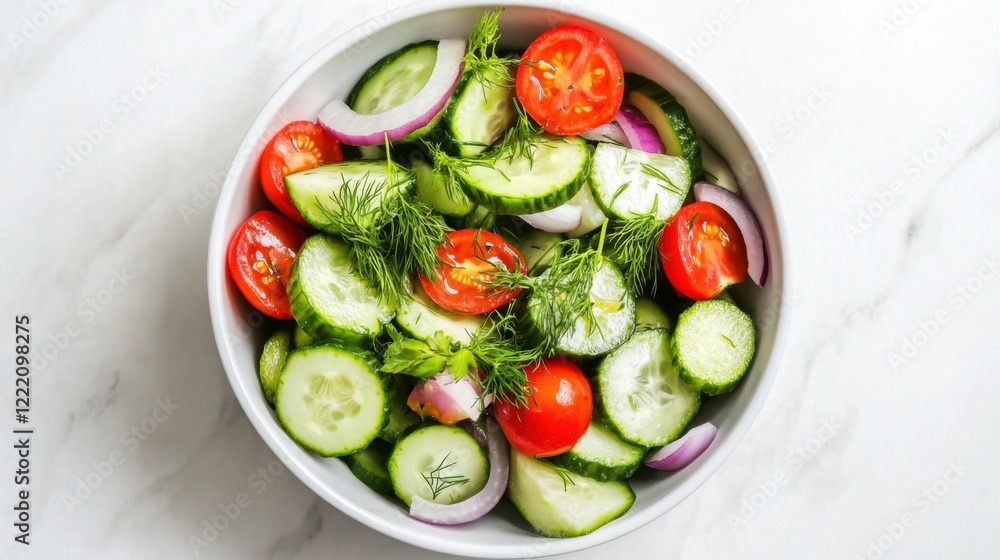 A bowl of fresh cucumber salad with cherry tomatoes, red onion, and a lemon-dill dressing A bowl of fresh cucumber salad with cherry tomatoes, red onion, and a lemon-dill dressing