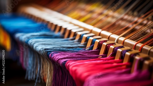 Closeup view of a loom s intricate heddles and threads highlighting the precision and behind textile production and handcrafted fabrics photo