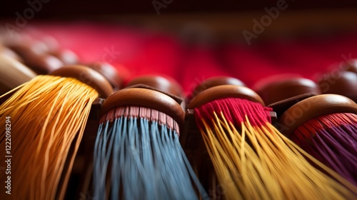 Captivating close up showcasing the intricate interplay of threads and heddles within the intricate mechanism of a loom highlighting the precision and involved in the textile manufacturing process photo