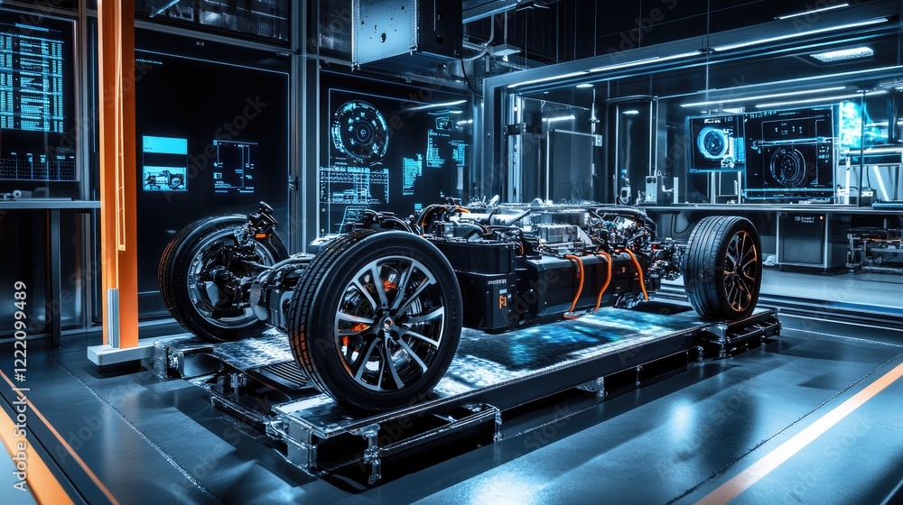 Fototapeta premium An electric vehicle powertrain displayed in a futuristic lab, surrounded by holographic elements showing real-time performance, diagnostics, and key system data