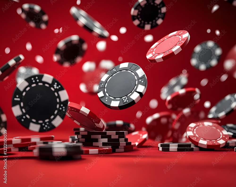 Fototapeta premium flying casino poker chips, on a red background, generative ai