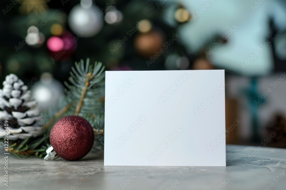 Obraz premium Blank Card Surrounded by Holiday Decorations and Greenery