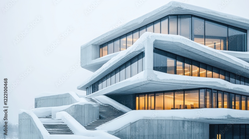 Obraz premium Modern Architectural Building Covered in Snow with Sleek Lines
