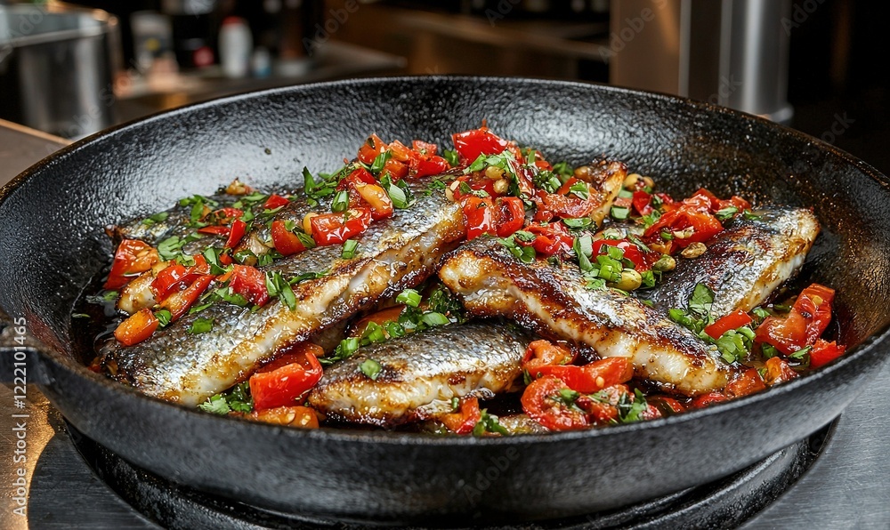 Pan-fried fish with chili peppers and herbs in a professional kitchen Pan-fried fish with chili peppers and herbs in a professional kitchen