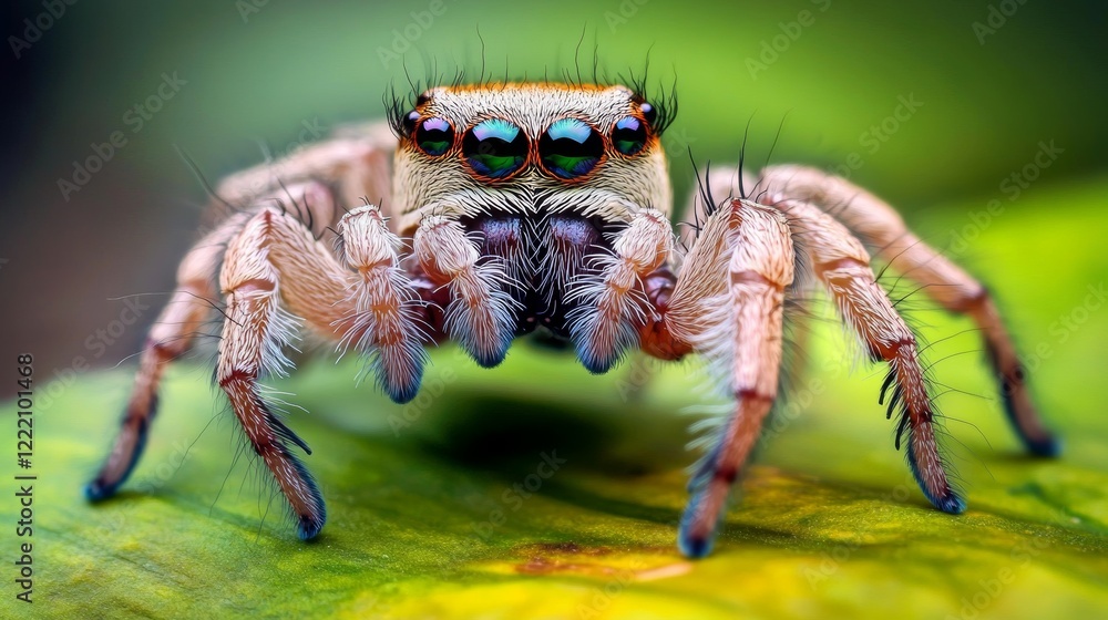 Nature wildlife macro image of Phidippus regius jumping spider action on green leaf. Shows eye details. Nature wildlife macro image of Phidippus regius jumping spider action on green leaf. Shows eye details.