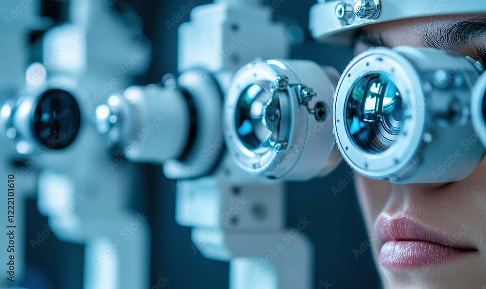 Fototapeta premium Patient undergoing eye exam with modern equipment in clinic