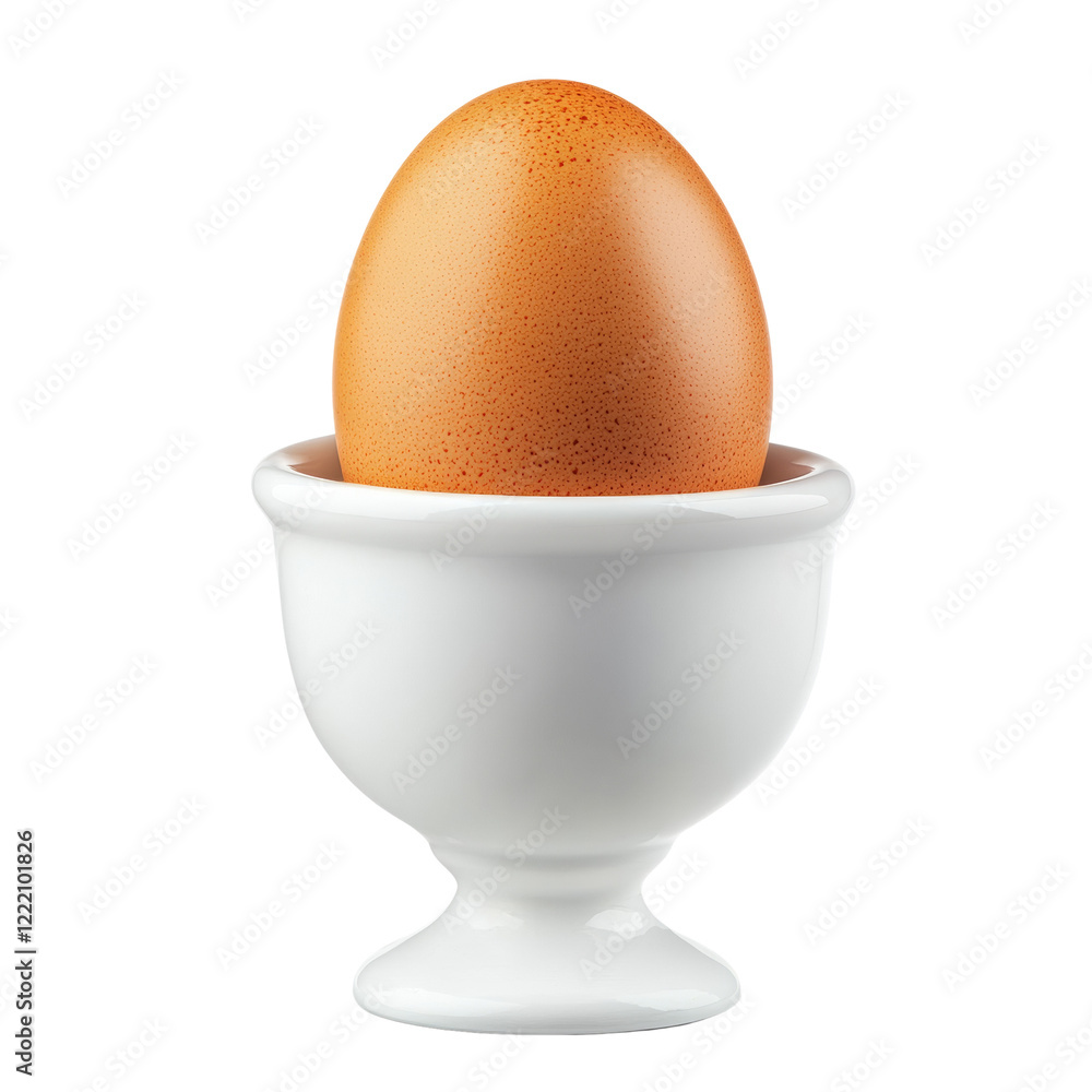 A single brown egg rests in a pristine white ceramic egg cup against a black background. A single brown egg rests in a pristine white ceramic egg cup against a black background.