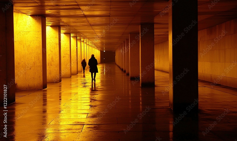 People walking down illuminated underpass at night