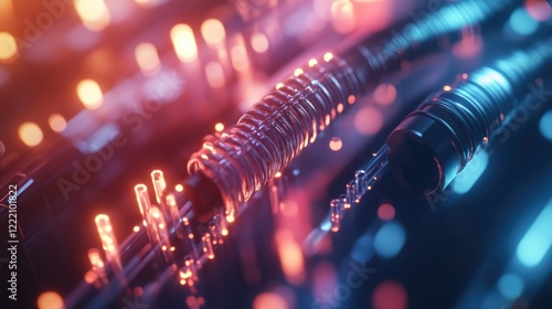 Close-up of neatly organized fiber optic MTP (MPO) pigtail and patchcord connectors, representing cutting-edge networking solutions in a tech workspace photo