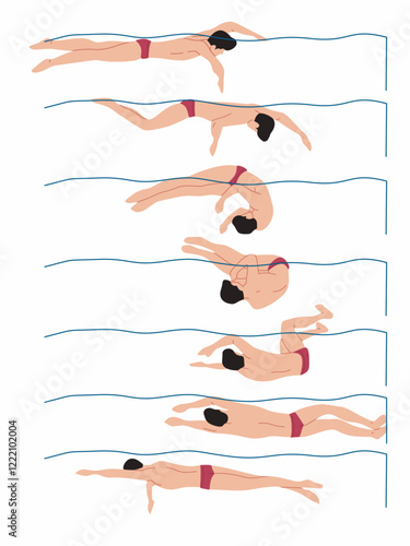 Vector illustration of swimming tutorial,man and girl doing swim,how do swim,swimming step for education,poster,learning,school and more