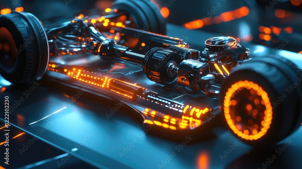 Obraz premium Conceptual design of an electric sport car suspension system, displayed with digital elements and a glowing interface, highlighting engineering power and innovation