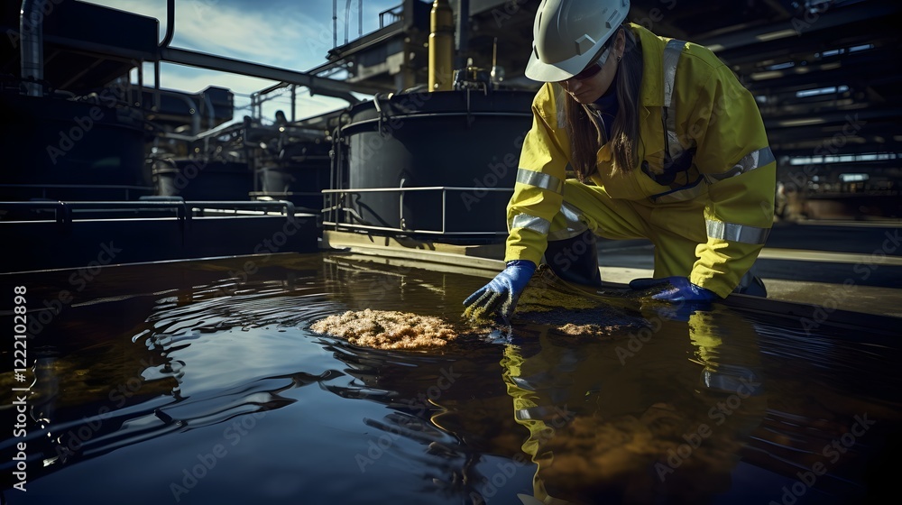 Factory Worker Carefully Inspecting the Transformation of Oil into Sustainable Biofuel in an Industrial Production Facility Factory Worker Carefully Inspecting the Transformation of Oil into Sustainable Biofuel in an Industrial Production Facility